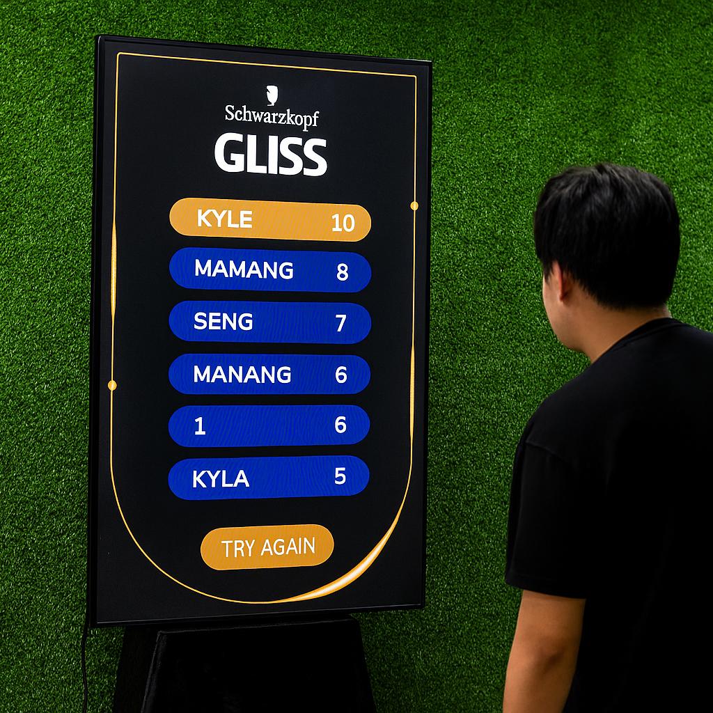 Guest playing interactive balance game using motion sensors to stack virtual items on head at a corporate event or exhibition booth in Dubai – fun and engaging activity.